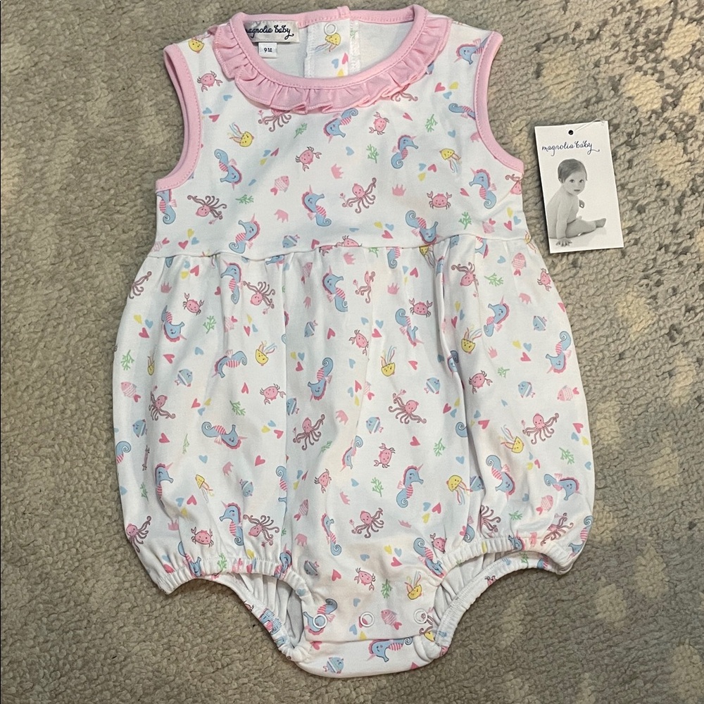 Magnolia Baby Romper with Pink Trim and Sea Creature Print